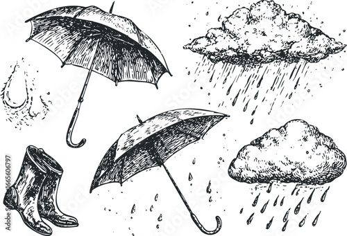 Hand-drawn illustration of umbrellas, rain clouds, and boots