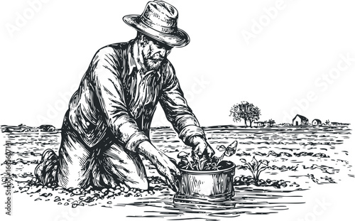 Farmer planting seedlings in a field with rustic buildings in the distance