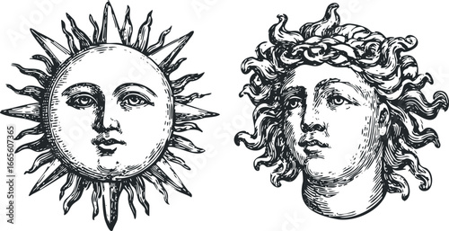 Antique illustration of a personified sun with rays and a mythological head