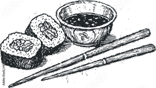 Hand Drawn Sushi Rolls with Soy Sauce and Chopsticks