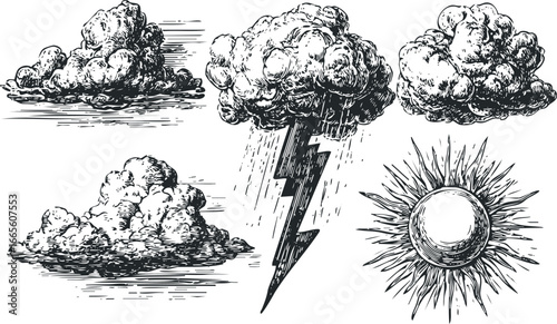 Vintage storm and sun motifs with lightning and rain