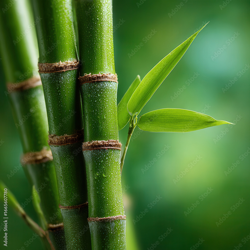 Fototapeta premium Vibrant green bamboo shoots creating a tranquil and serene atmosphere in a blurred natural setting