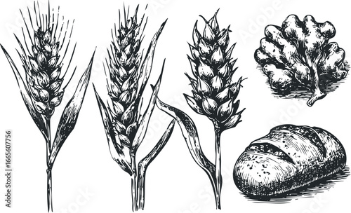 Hand-drawn sketch of wheat stalks and loaf of bread