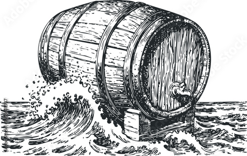 Wooden barrel floating on rough water with splashing waves