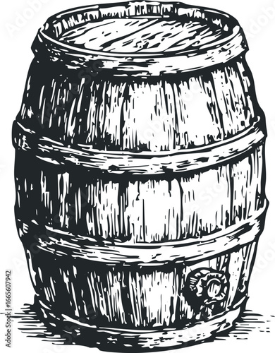 Wood Barrel with Tap and Metal Hoops Hand Drawn Sketch