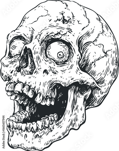 Grotesque human skull with open mouth and wide eyes in black and white sketch