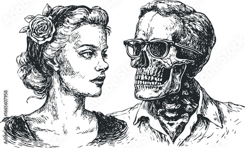 Woman gazes at skeleton wearing glasses