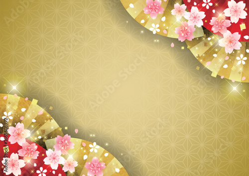 扇子に桜の和風背景、横、金、かわいい、イラスト、麻の葉模様、対角