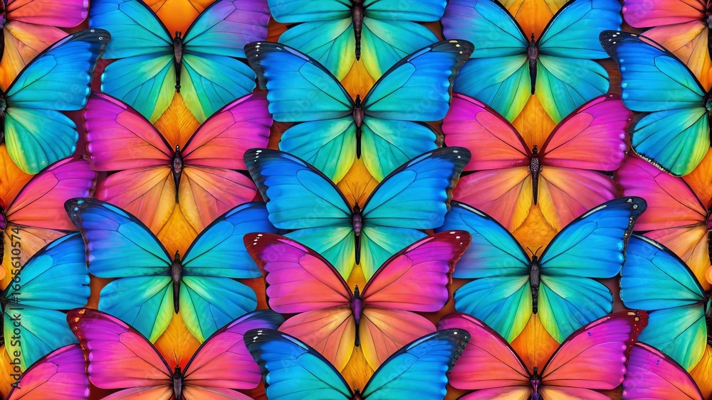 Naklejka premium Colors of rainbow. Pattern of multicolored morpho butterflies with vibrant wings, arranged in seamless symmetry, creating a vivid texture background