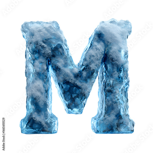 Frozen Letter M Icy Blue Texture with Snow Accents and Detailed Crystal Structure.