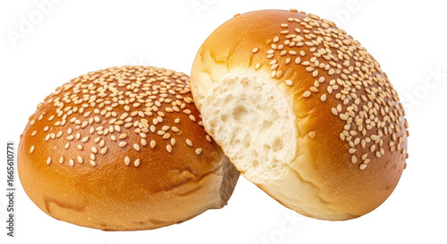 Two golden brown sesame seed hamburger buns ready for delicious sandwiches