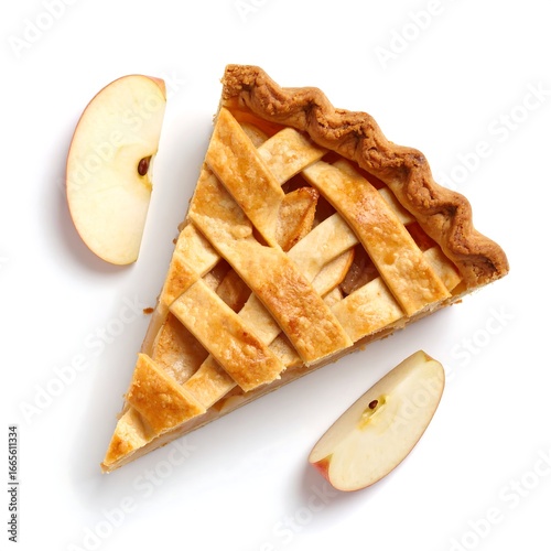 Apple pie slice, overhead shot, white background
