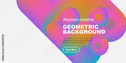 Abstract fluid shapes, vibrant colors, geometric design. Text includes geometric background, plus sample lorem ipsum text, button visible.