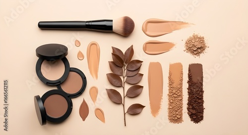 Makeup Foundation Swatches and Cosmetics Set | Flat Lay of Beauty Products for Skin Tone Matching, Product Presentation, and Marketing Materials