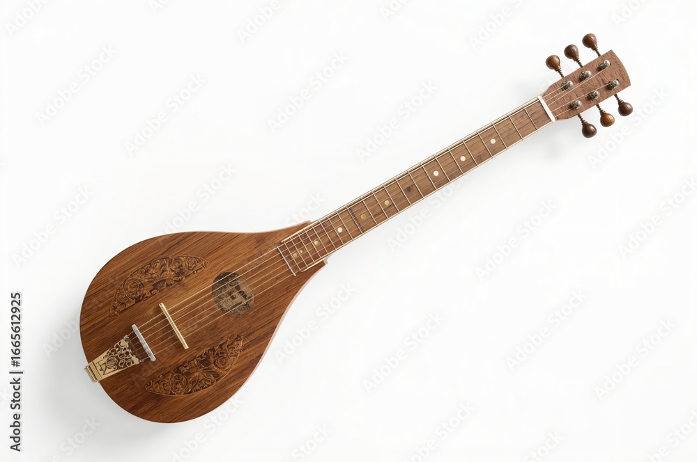 Naklejka premium Studio shot of ornate wooden mandolin, isolated on white background