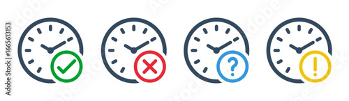 green check and red cross symbols, blue question mark and yellow exclamation point, clock or stopwatch thin line vector icons set