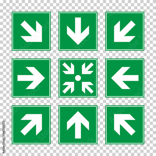 green emergency exit direction sign set, escape help evacuation, safety assembly point symbol