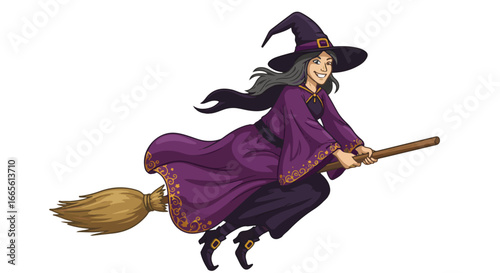 Halloween cartoon witch flying on broomstick halloween costume magic spell fantasy character illustration vector art vector