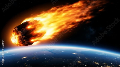 A fiery asteroid blazing through Earth's atmosphere, posing a cosmic threat.