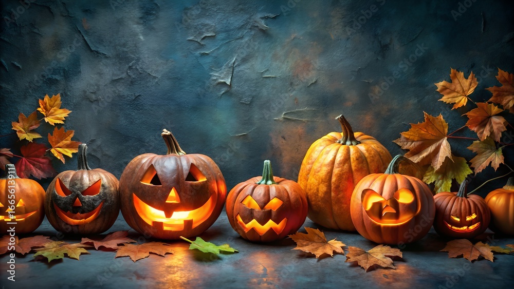 Fototapeta premium Spooky Halloween Jack o Lanterns Glowing with Autumn Leaves on Dark Background