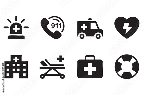 Emergency Medical Aid Silhouette Vector Icons – Healthcare and Safety Symbols
