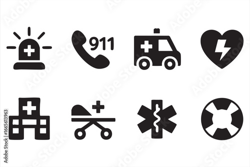 Vector Icons of Healthcare Emergency – Rescue, AED, Lifebuoy and Paramedic Symbols