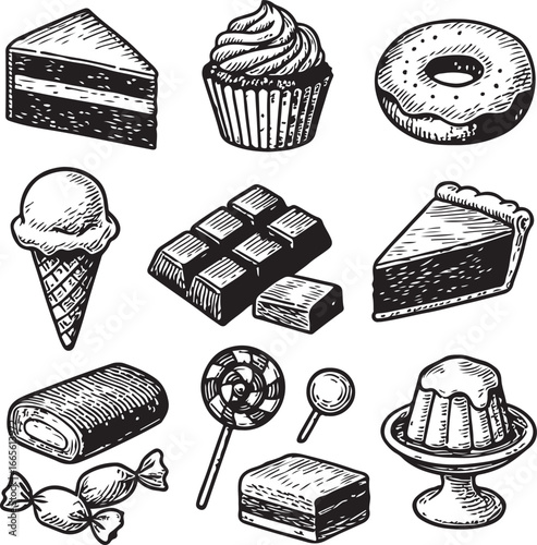 vintage hand-drawn set of sweets and desserts