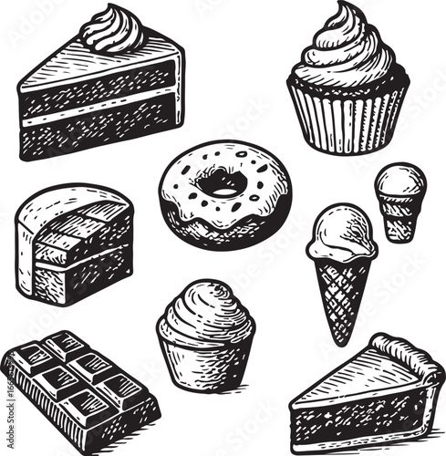 vintage hand-drawn set of sweets and desserts