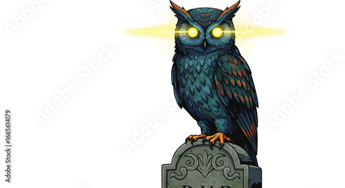 Halloween glowing eyes owl perched on tombstone vector illustration for halloween spooky night forest scene concept art vector