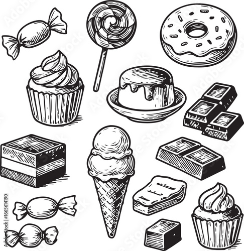 vintage hand-drawn set of sweets and desserts