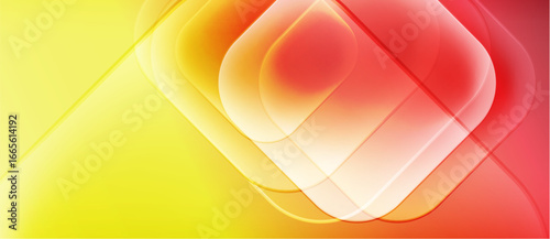 Abstract background features vibrant yellow, orange, red gradients. Overlapping shapes create dynamic visual effect. Smooth transitions dominate composition.