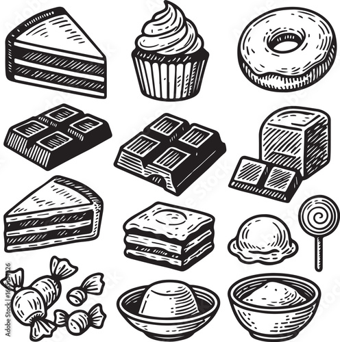 vintage hand-drawn set of sweets and desserts