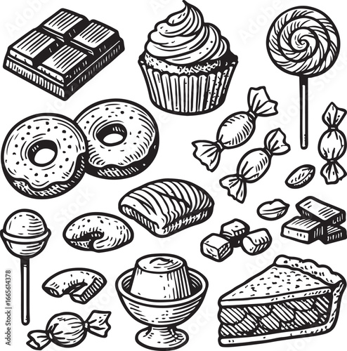vintage hand-drawn set of sweets and desserts