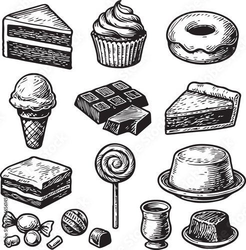 vintage hand-drawn set of sweets and desserts