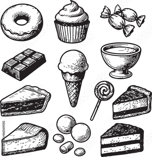 vintage hand-drawn set of sweets and desserts