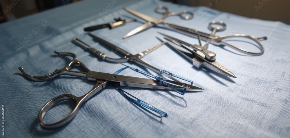 Fototapeta premium Sterile Surgical Instruments on Blue Cloth for Medical Operation.