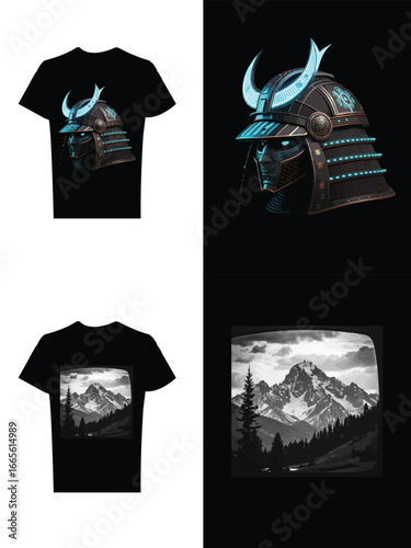 Set of two t-shirt designs. One features a futuristic samurai helmet with glowing blue lights. The other is a black and white mountain landscape.
