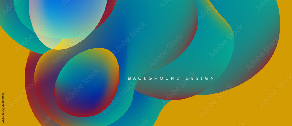 Fototapeta premium Abstract fluid shapes overlap, creating vibrant color gradients. Yellow backdrop complements blue, green, red hues. Modern design element.