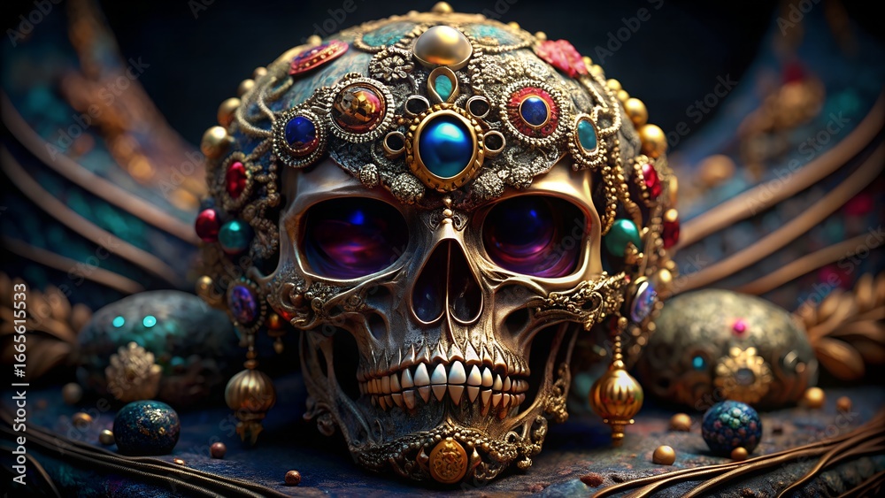 Fototapeta premium Ornate jeweled skull with vibrant colors and intricate details a fantasy art piece