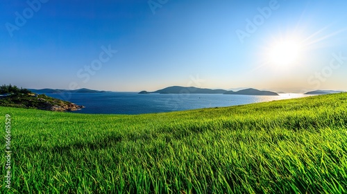 Large green meadow with small islands in foreground and clear blue sea view under cloudless sky. Green space management landscape for lawn care product advertisement.