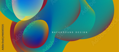 Abstract fluid shapes overlap, creating vibrant color gradients. Yellow backdrop complements blue, green, red hues. Modern design element.