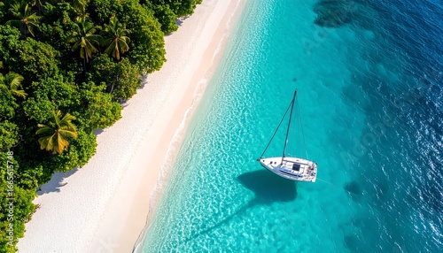 Tropical beach sailboat aerial view.