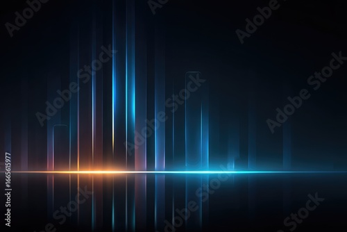 Futuristic city skyline, vibrant glowing lines, dark background, reflected light