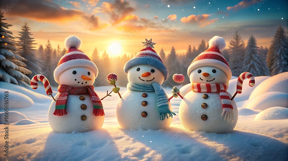 Obraz premium Three Cheerful Snowmen Enjoying a Beautiful Winter Sunset in a Snowy Forest