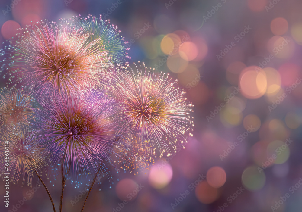 Fototapeta premium Colorful fireworks illuminate the pastel sky, creating a dreamy celebration of light and color