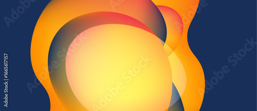 Abstract composition. Overlapping shapes create warm color gradients. Yellows, oranges, reds blend against dark blue background. Modern design.