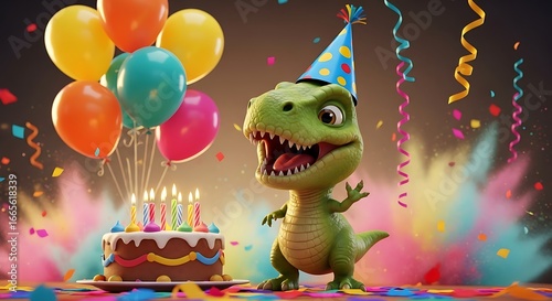 Fototapeta Naklejka Na Ścianę i Meble -  Cute cartoon tyrannosaurus rex dinosaur celebrating birthday with cake and balloons