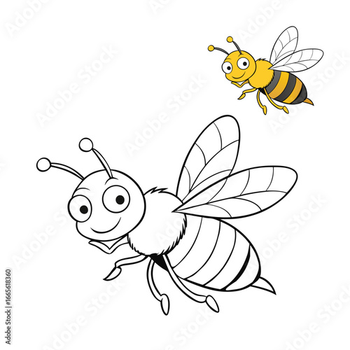 A fun bee-flying coloring page featuring a cute buzzing bee with wings spread wide, perfect for kids to enjoy creativity while learning about nature and insects.
