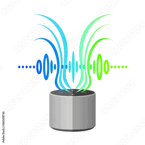 Smart Speaker with Sound Waves Visualized in Blue and Green Gradient