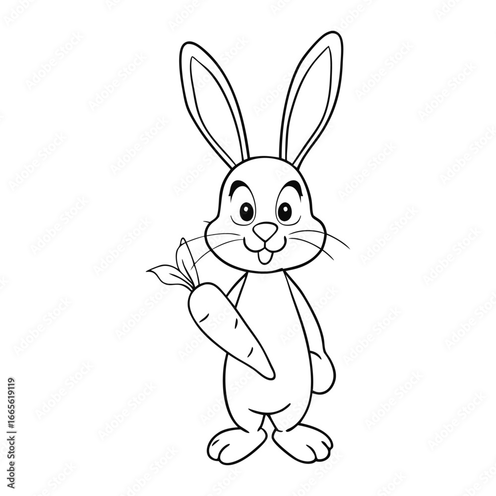 Fototapeta premium Adorable rabbit cartoon holding a big carrot, drawn in simple vector style. Perfect as a fun and cute coloring page for kids, sparking joy and creativity. 